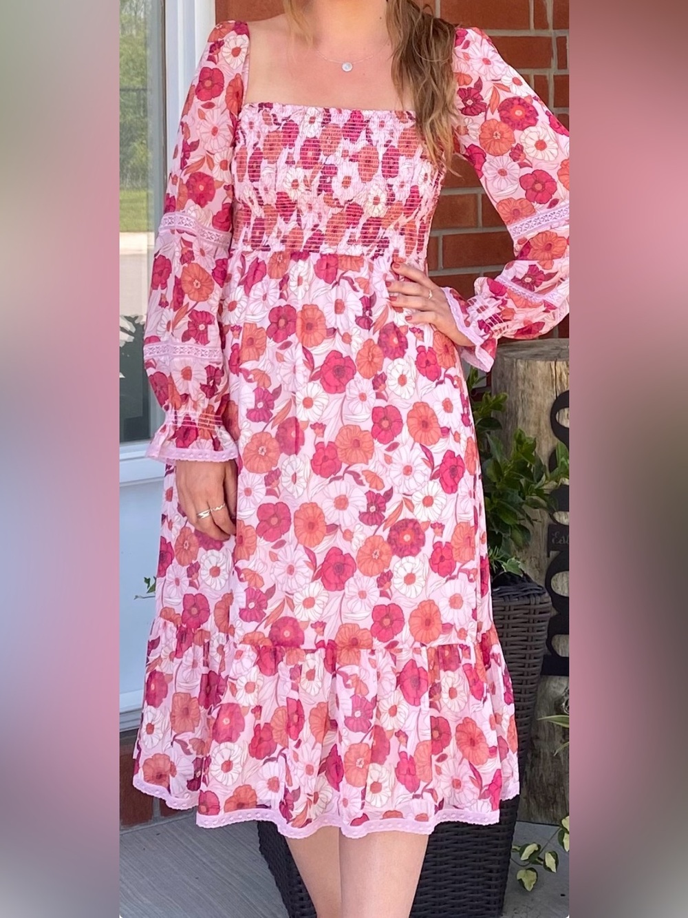 Wilfred Floral Smocked Midi Dress in Pink and Orange